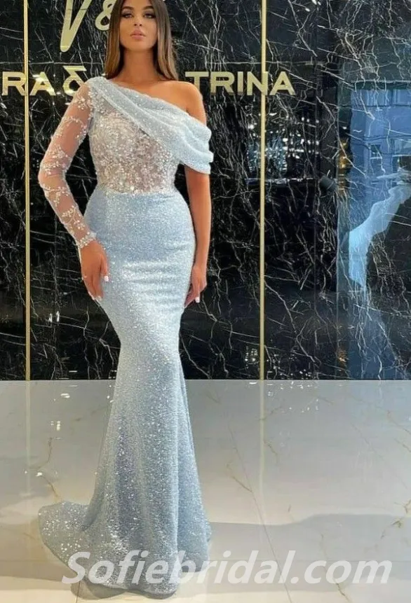 Elegant Special Fabric One Shoulder One sleeve Mermaid Long Floor Length Prom Dresses With Applique,SFPD0246