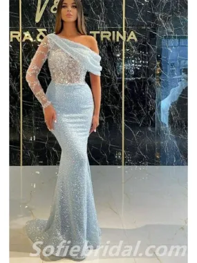 Elegant Special Fabric One Shoulder One sleeve Mermaid Long Floor Length Prom Dresses With Applique,SFPD0246