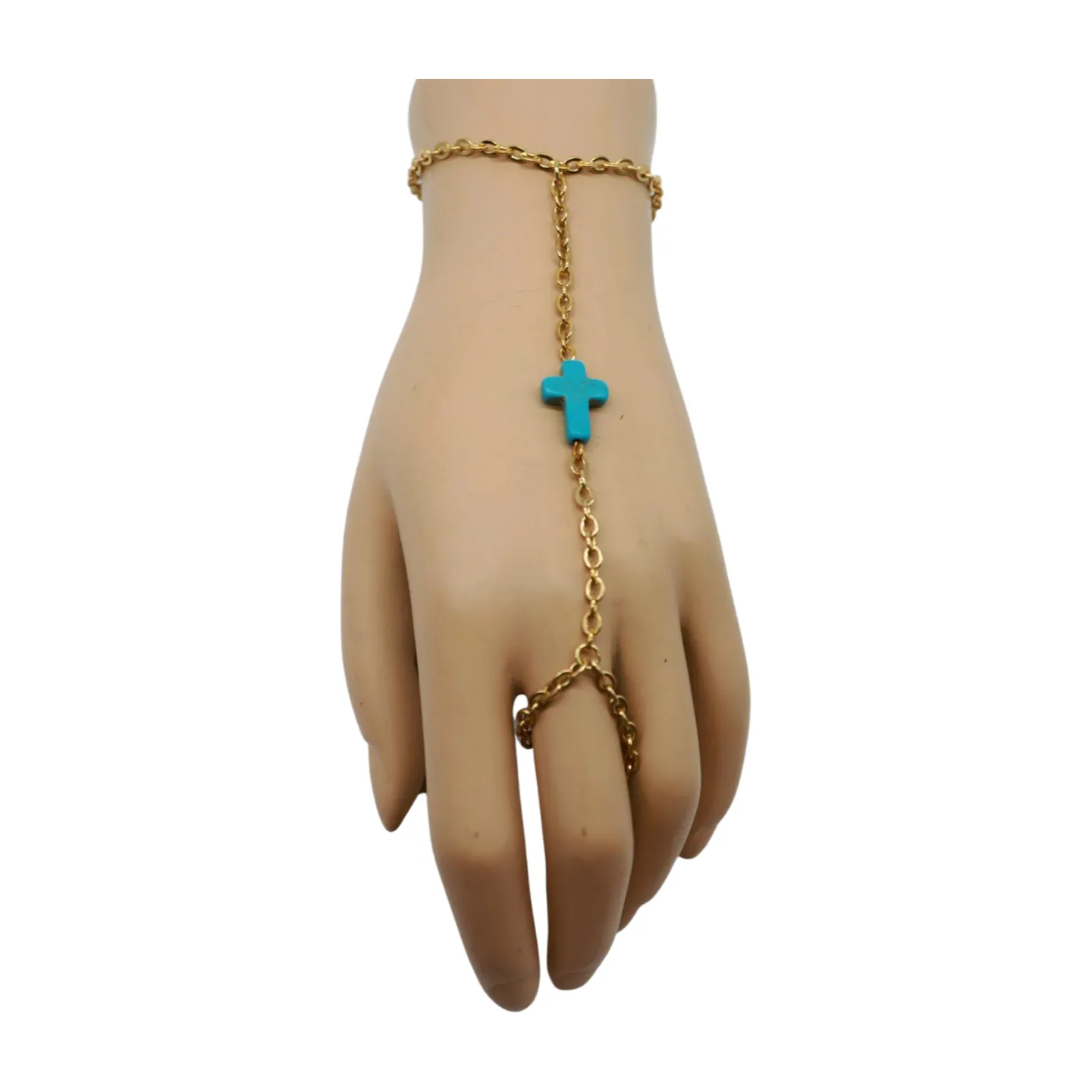 Gold Metal Hand Chain Bracelet Turquoise Blue Cross