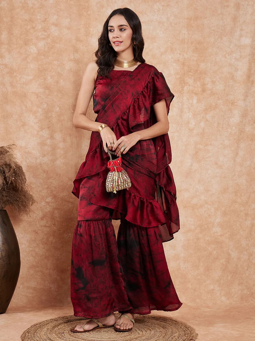 Maroon & Black Frill Sharara Saree